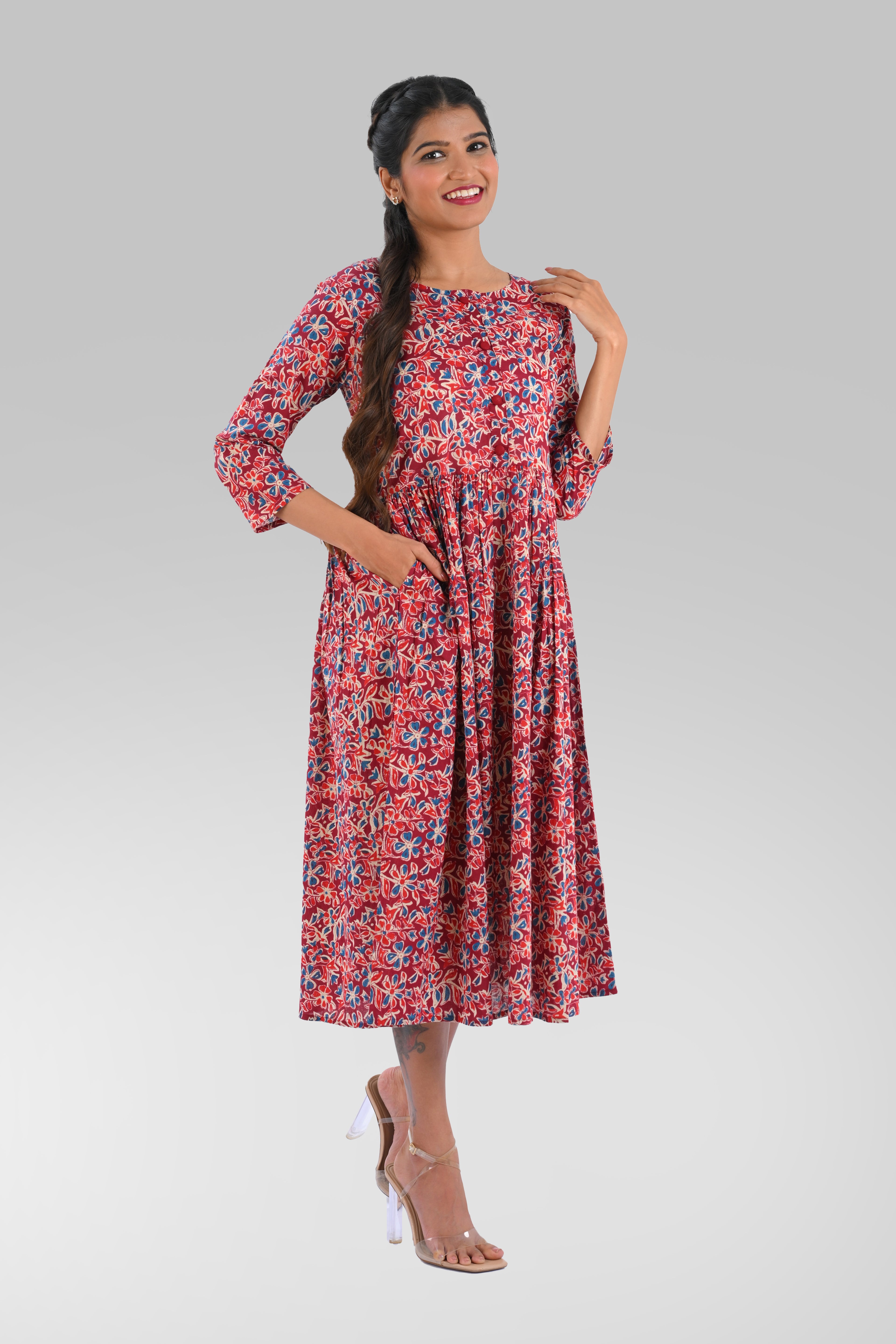 Pomegranate Red Cotton Printed Midi Dress