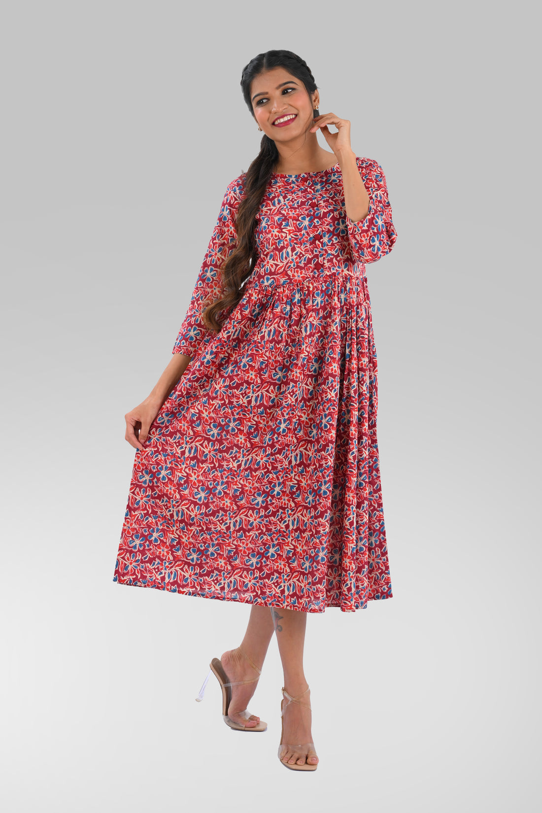 Pomegranate Red Cotton Printed Midi Dress