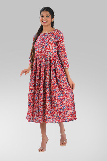 Pomegranate Red Cotton Printed Midi Dress