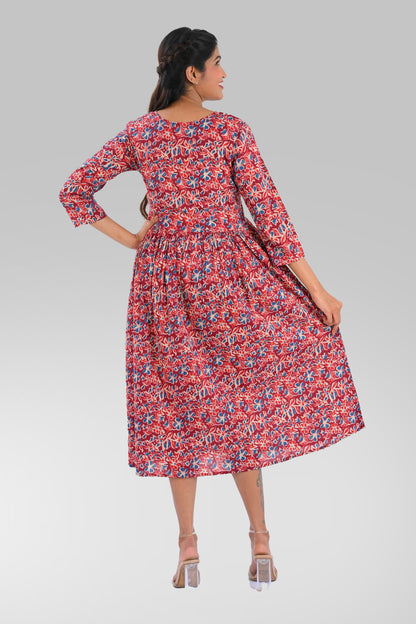 Pomegranate Red Cotton Printed Midi Dress