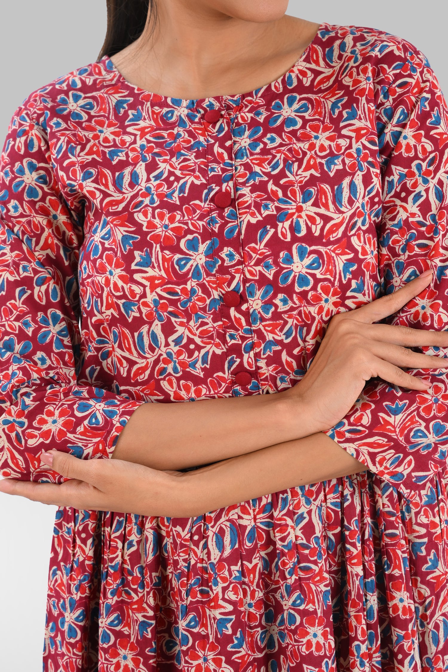 Pomegranate Red Cotton Printed Midi Dress