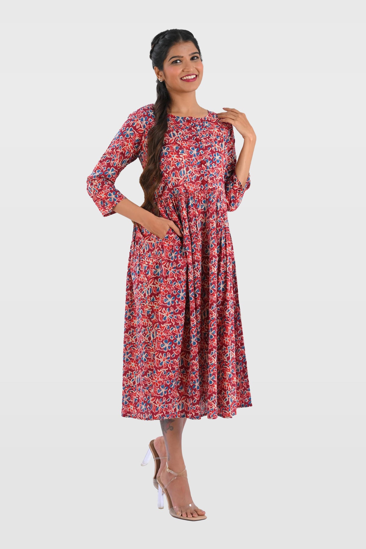 Pomegranate Red Cotton Printed Midi Dress