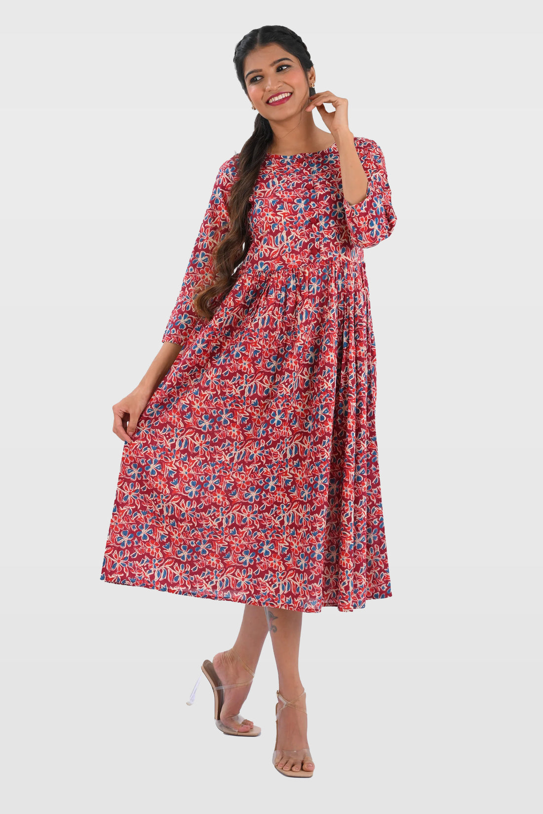 Pomegranate Red Cotton Printed Midi Dress