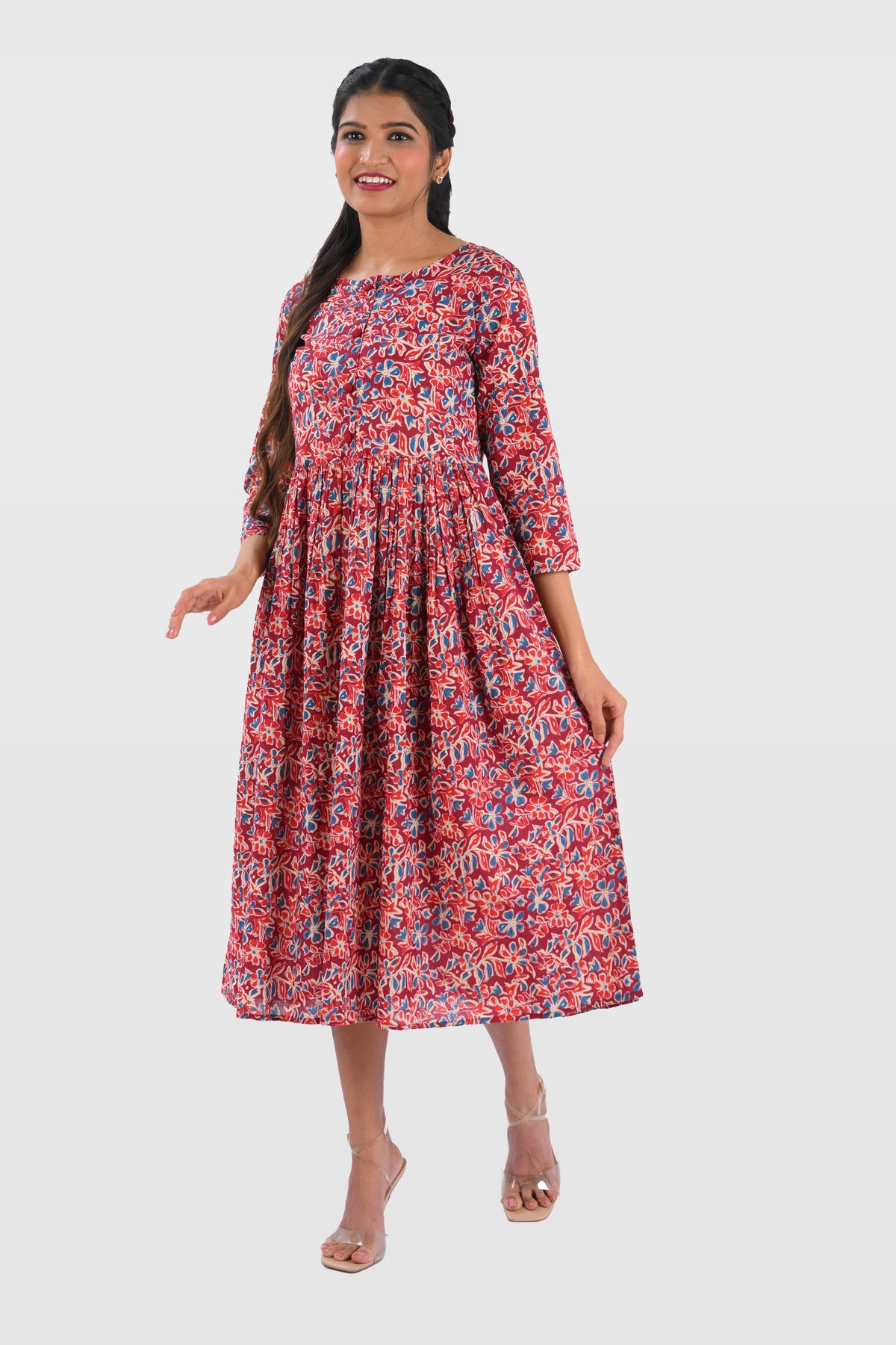 Pomegranate Red Cotton Printed Midi Dress