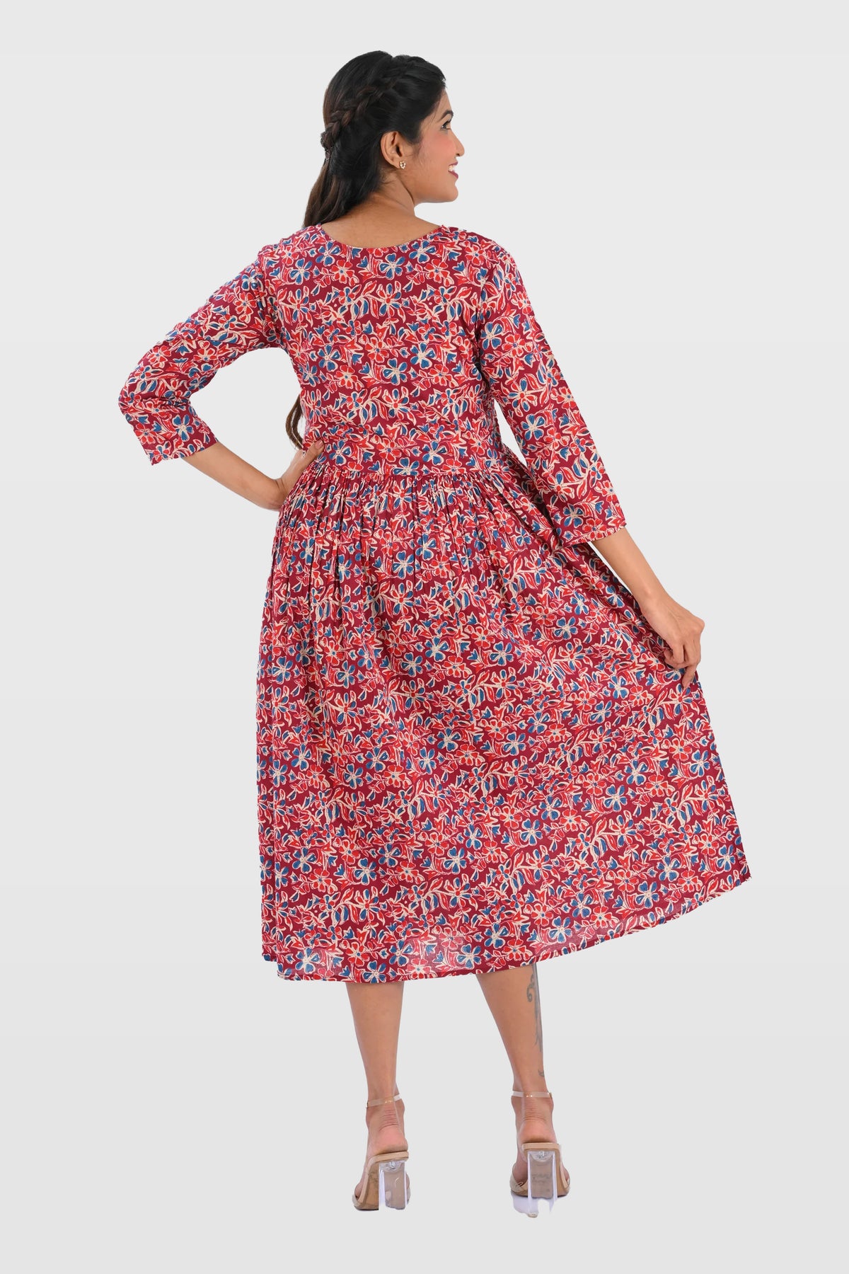 Pomegranate Red Cotton Printed Midi Dress