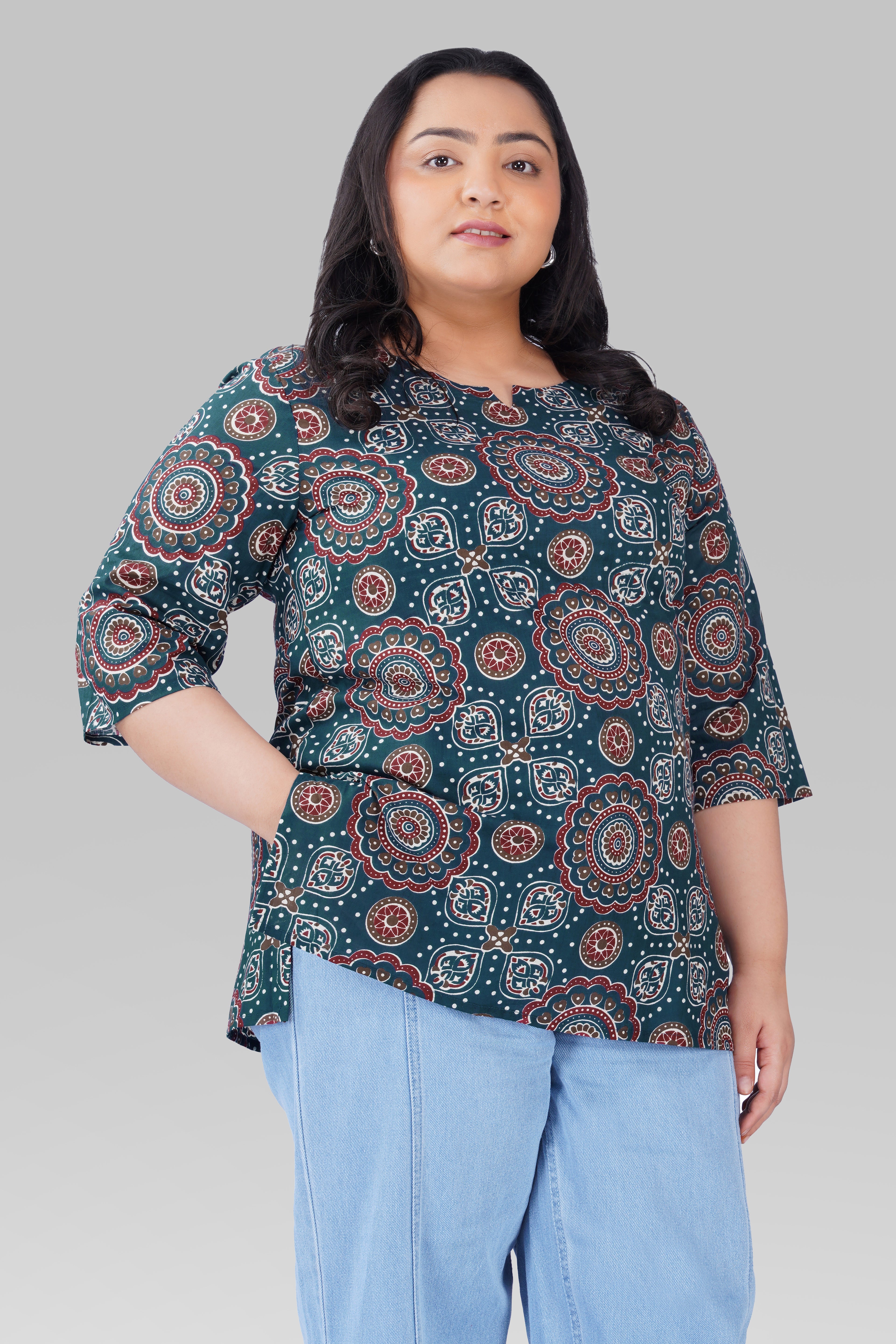 Prussian Blue Plus Size Cotton Printed Kurti