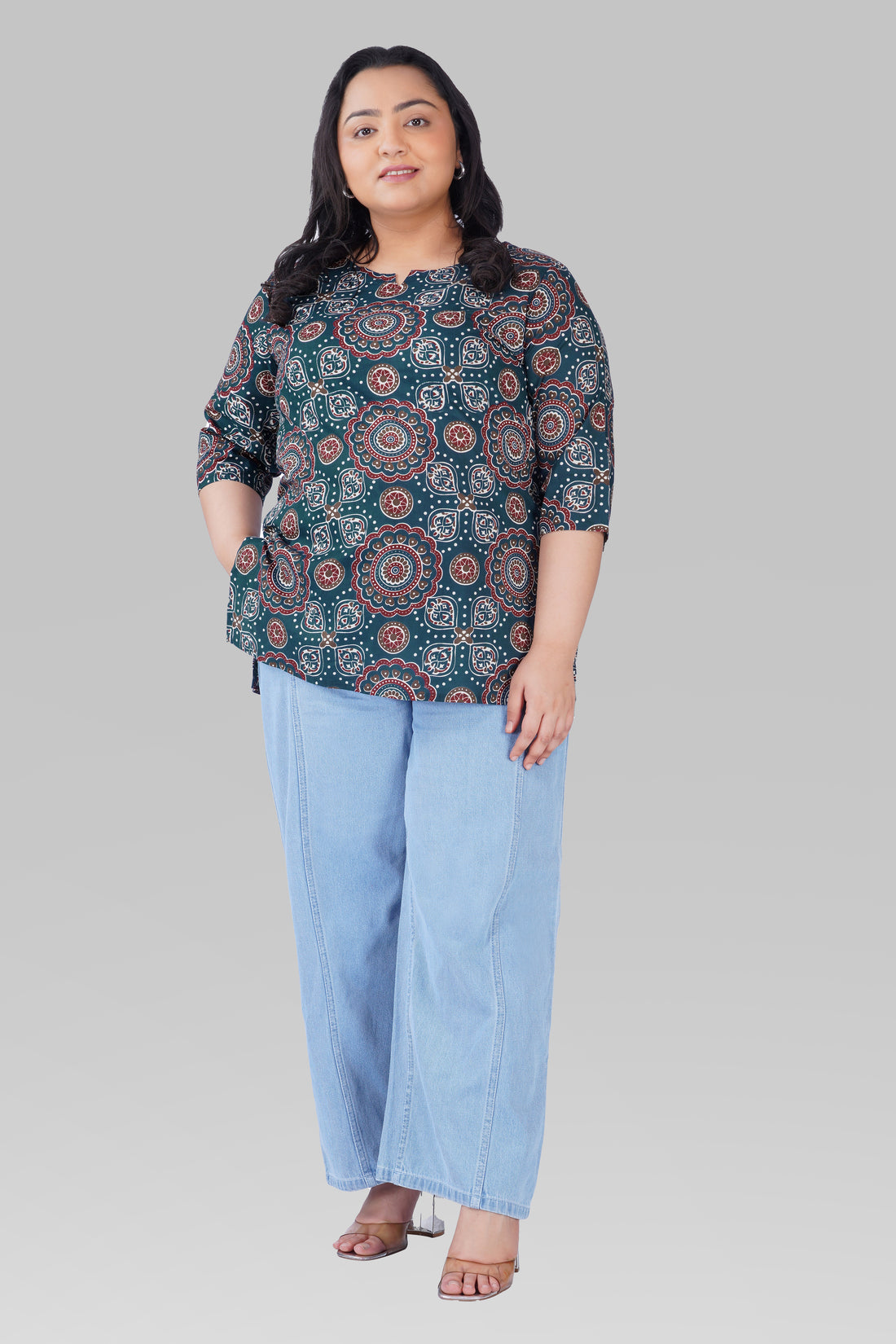 Prussian Blue Plus Size Cotton Printed Kurti