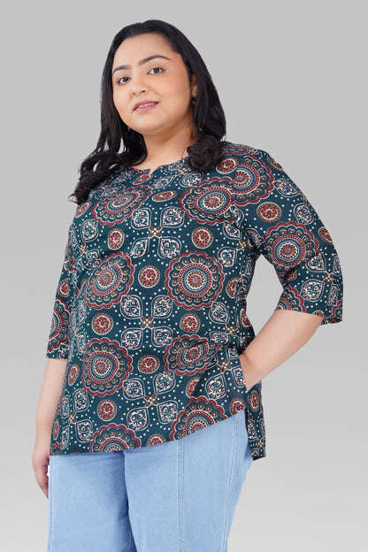 Prussian Blue Plus Size Cotton Printed Kurti