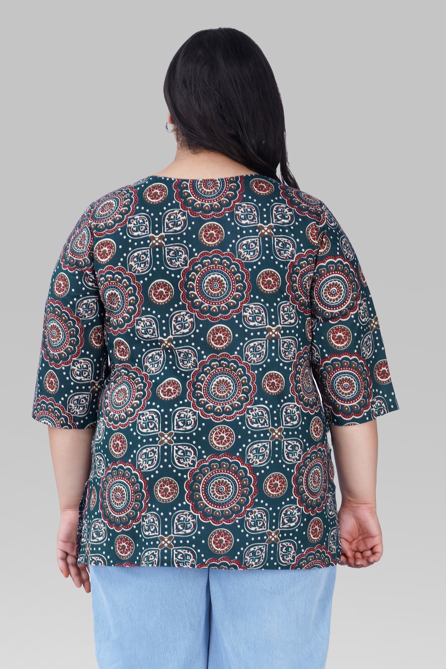Prussian Blue Plus Size Cotton Printed Kurti