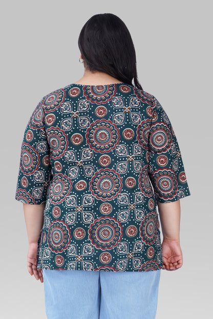 Prussian Blue Plus Size Cotton Printed Kurti