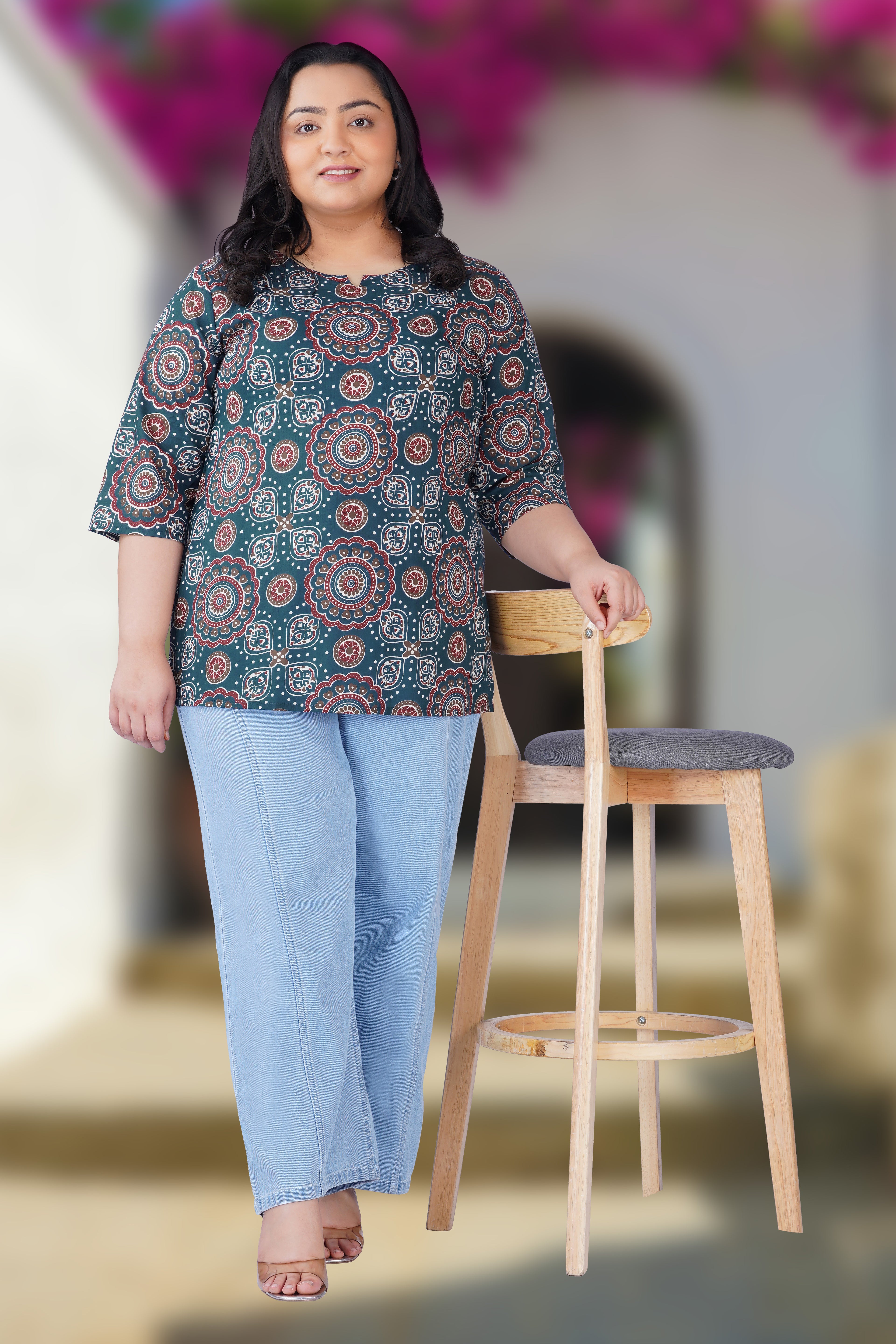 Prussian Blue Plus Size Cotton Printed Kurti