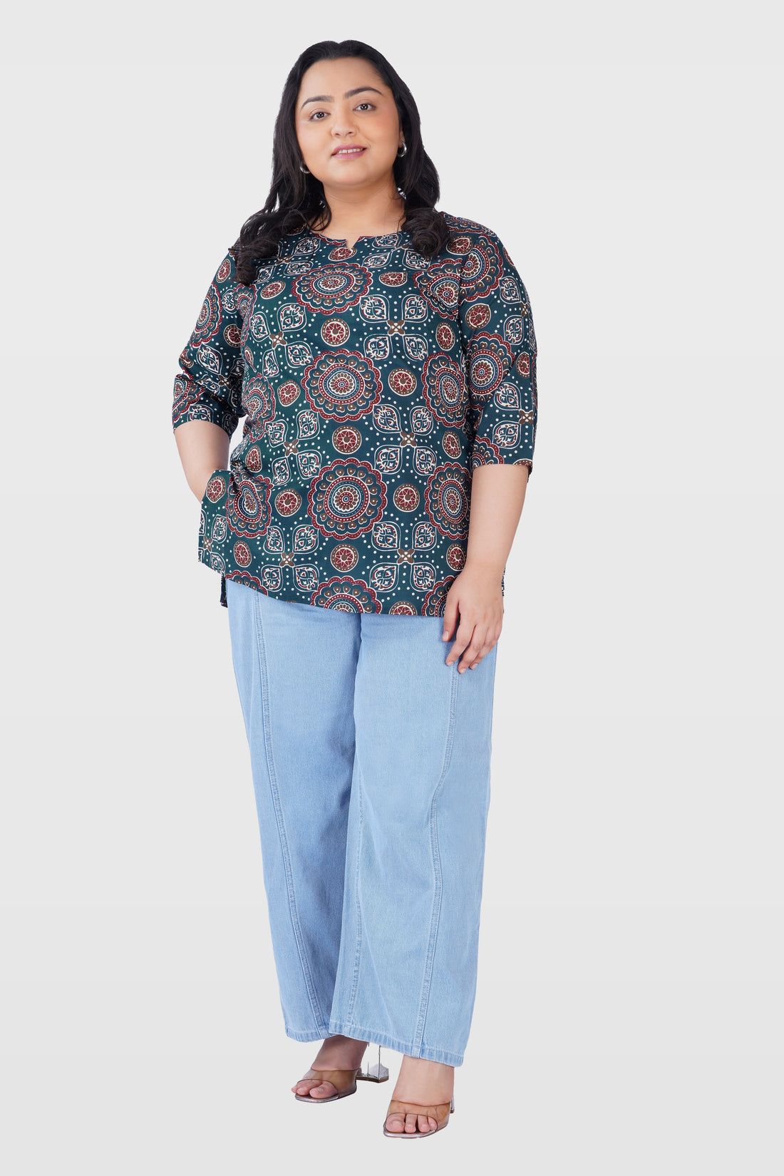 Prussian Blue Plus Size Cotton Printed Kurti