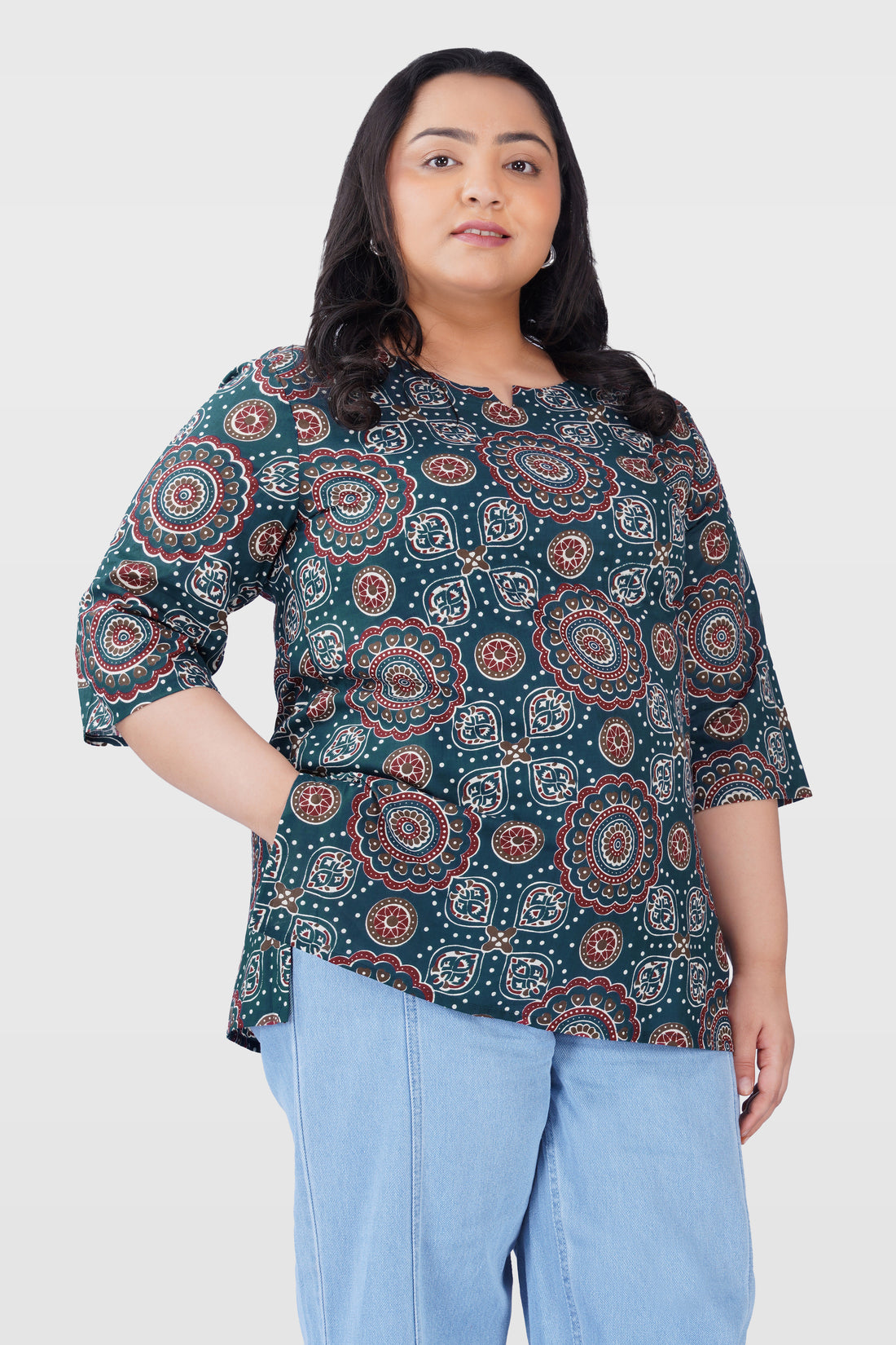 Prussian Blue Plus Size Cotton Printed Kurti