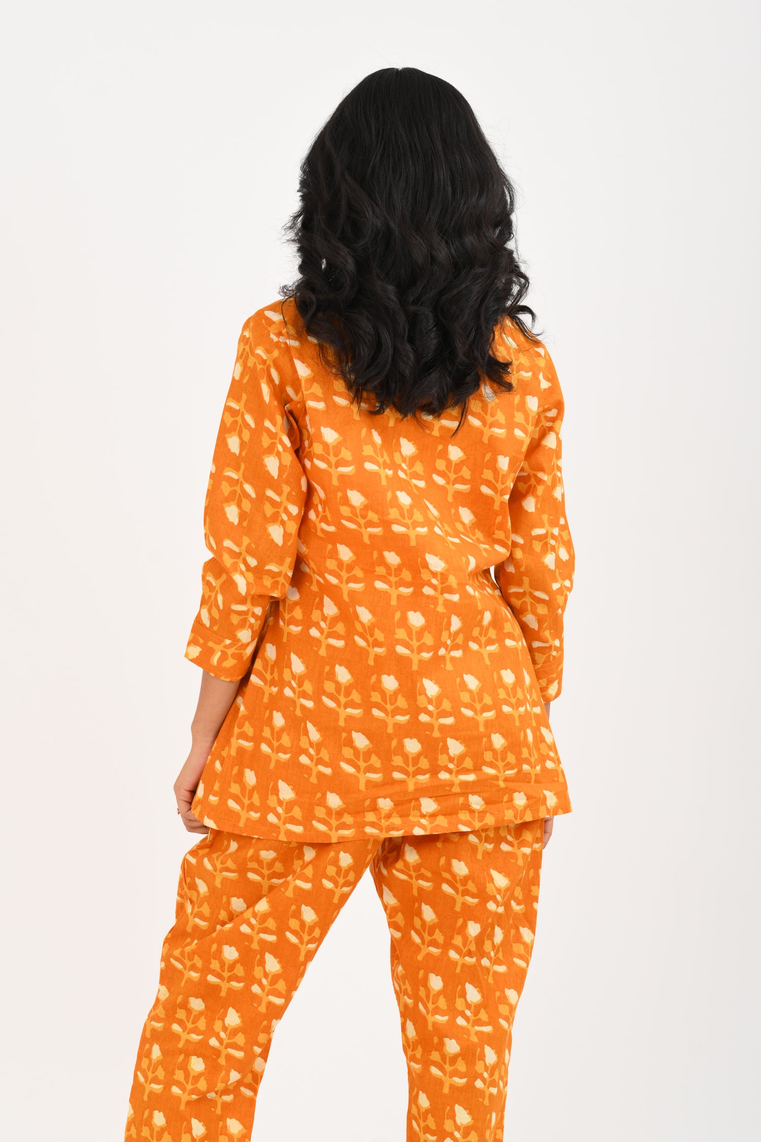 Pumpkin Orange Cotton Printed Pyjama Set Cuban Collar