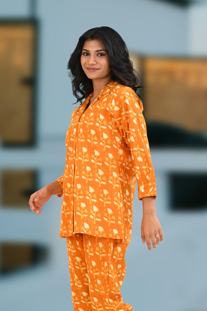 Pumpkin Orange Cotton Printed Pyjama Set Cuban Collar