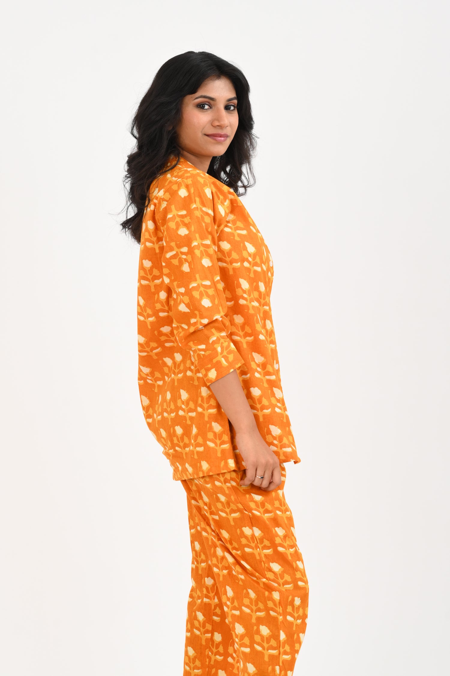 Pumpkin Orange Cotton Printed Pyjama Set Cuban Collar