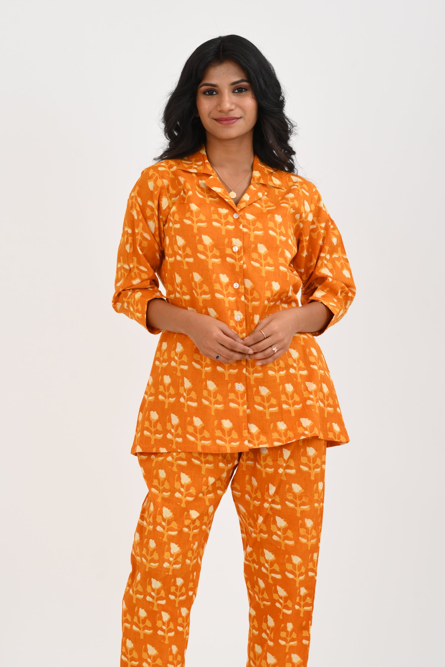 Pumpkin Orange Cotton Printed Pyjama Set Cuban Collar