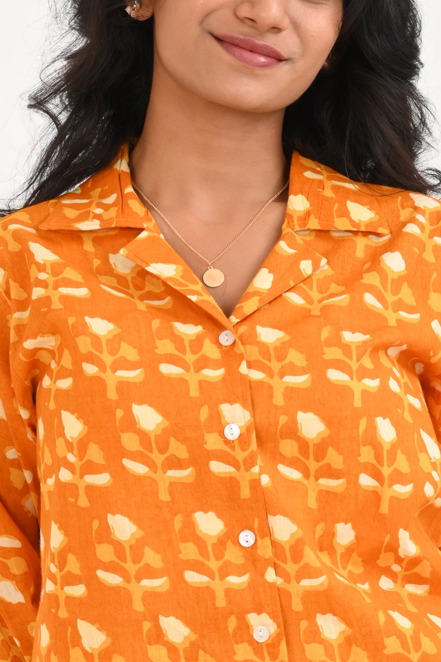 Pumpkin Orange Cotton Printed Pyjama Set Cuban Collar