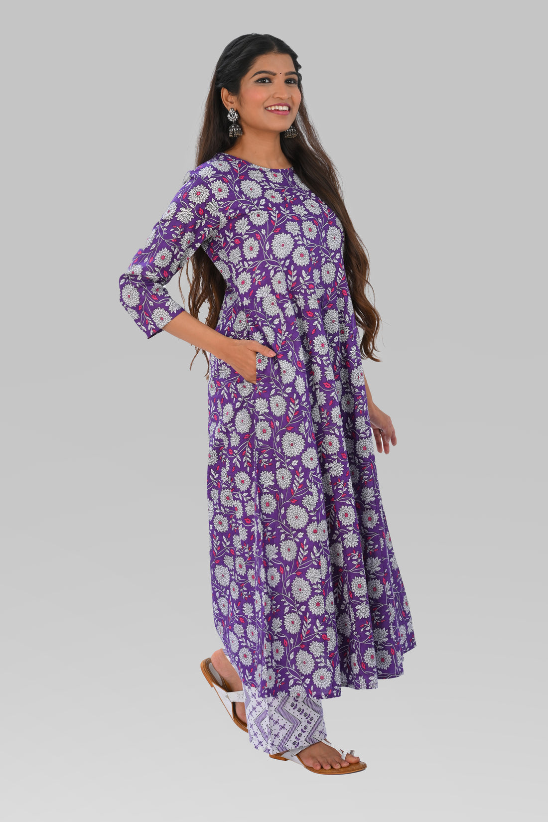 Purple Cotton Printed Kurta Set