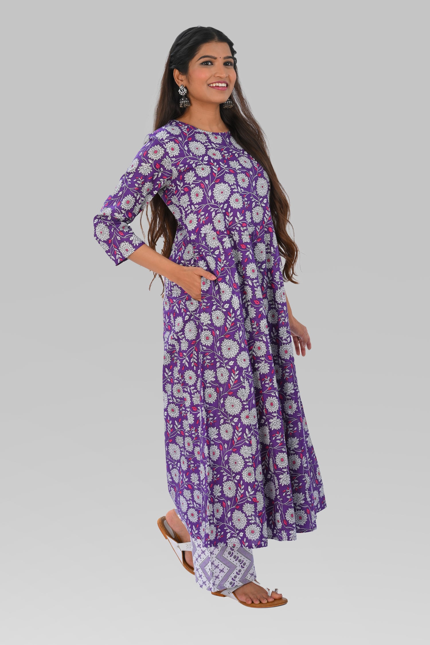Purple Cotton Printed Kurta Set