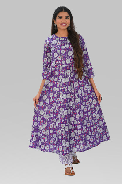 Purple Cotton Printed Kurta Set
