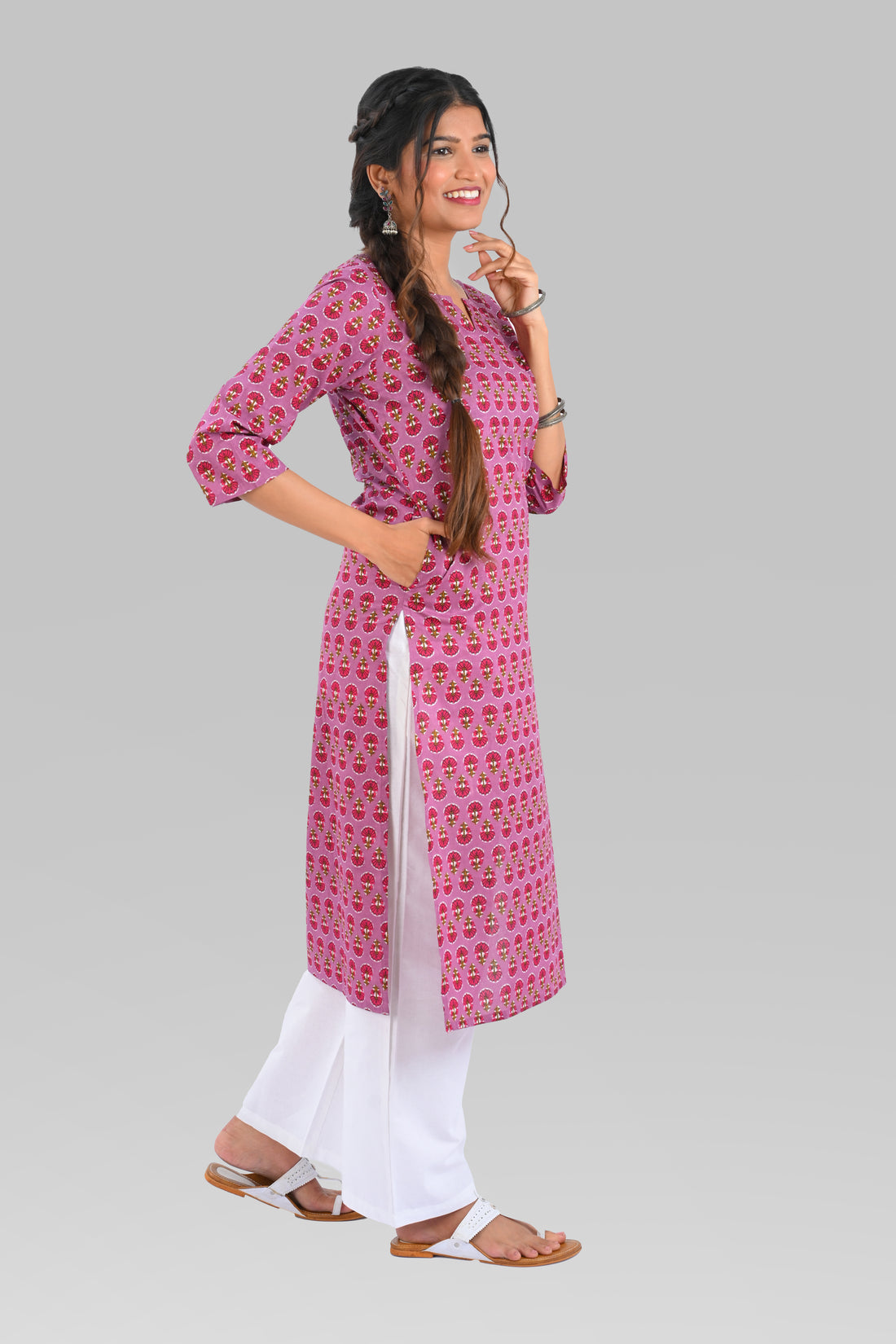 Purple Cotton Printed Long Kurta