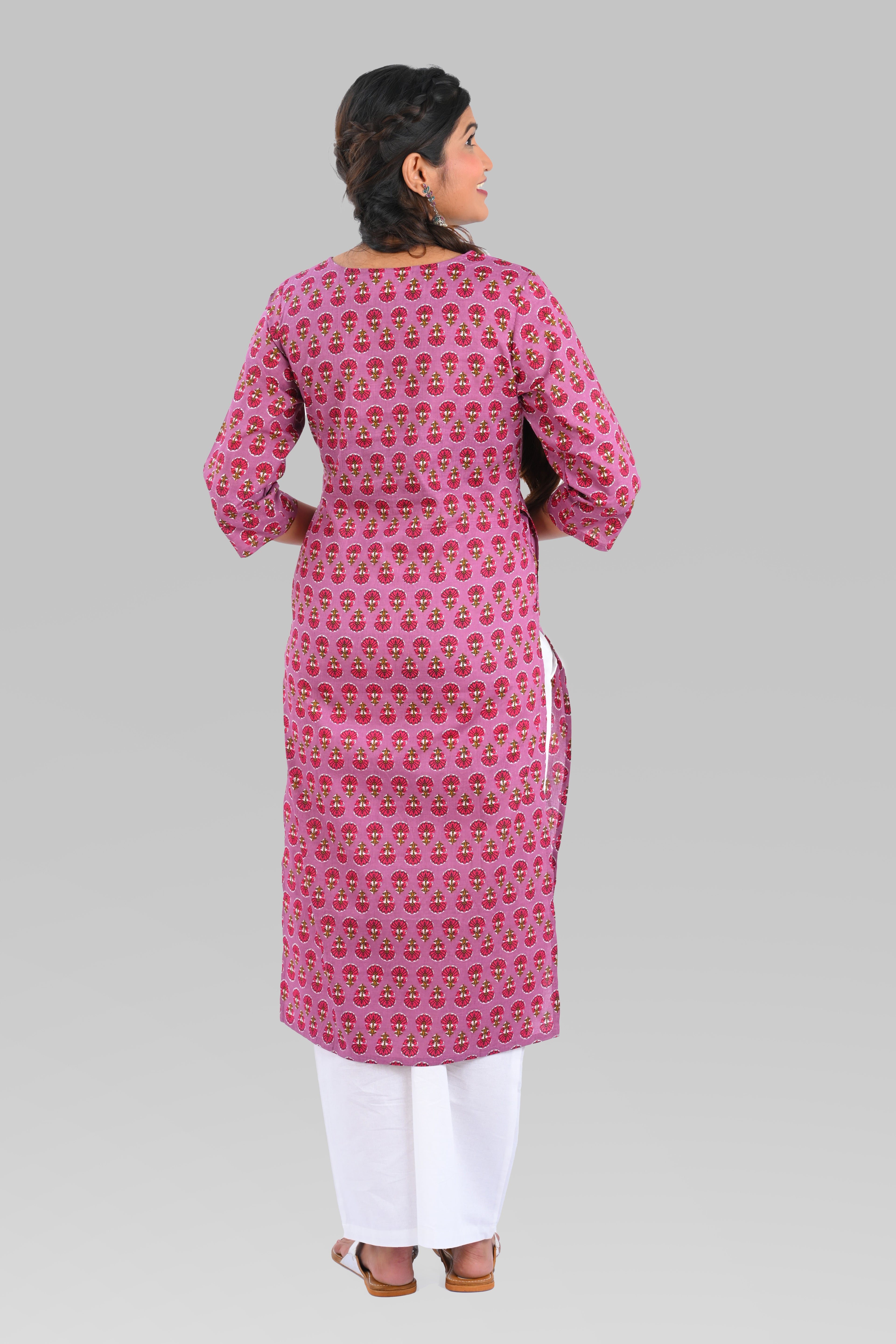 Purple Cotton Printed Long Kurta