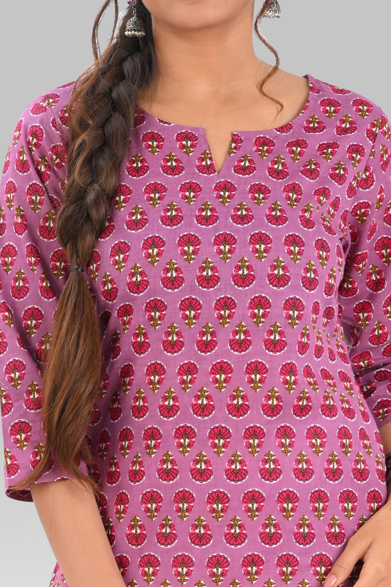 Purple Cotton Printed Long Kurta