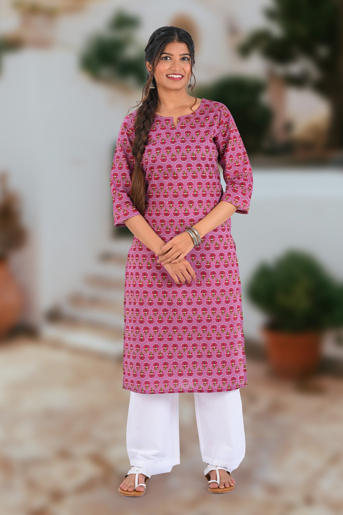 Purple Cotton Printed Long Kurta