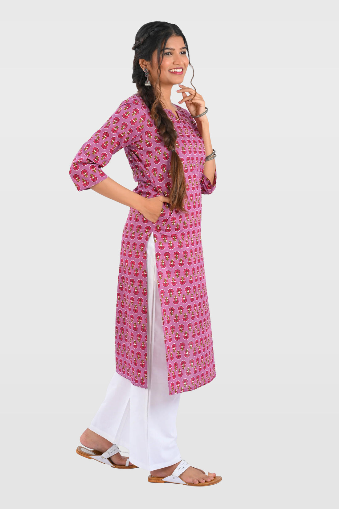 Purple Cotton Printed Long Kurta