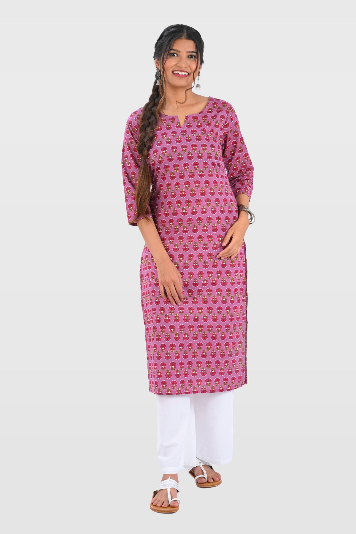 Purple Cotton Printed Long Kurta