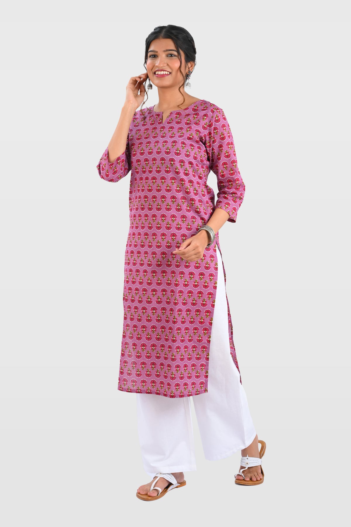 Purple Cotton Printed Long Kurta