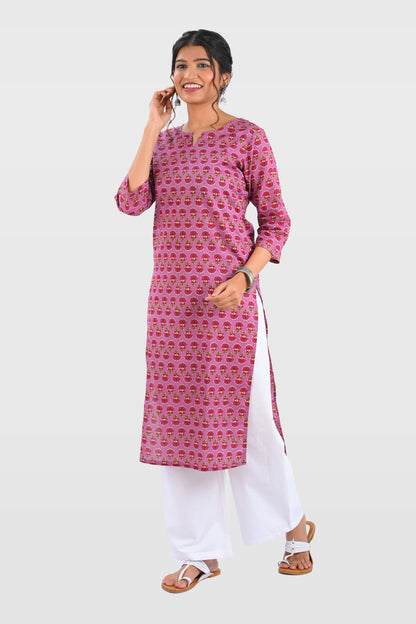 Purple Cotton Printed Long Kurta