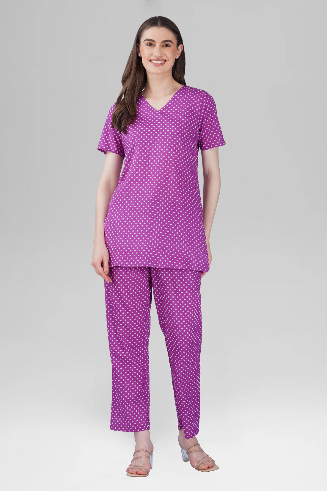 Purple V Neck Cotton Printed Pyjama Set