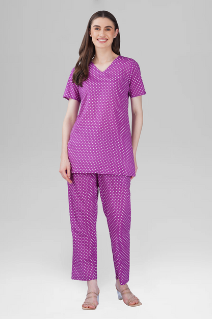 Purple V Neck Cotton Printed Pyjama Set