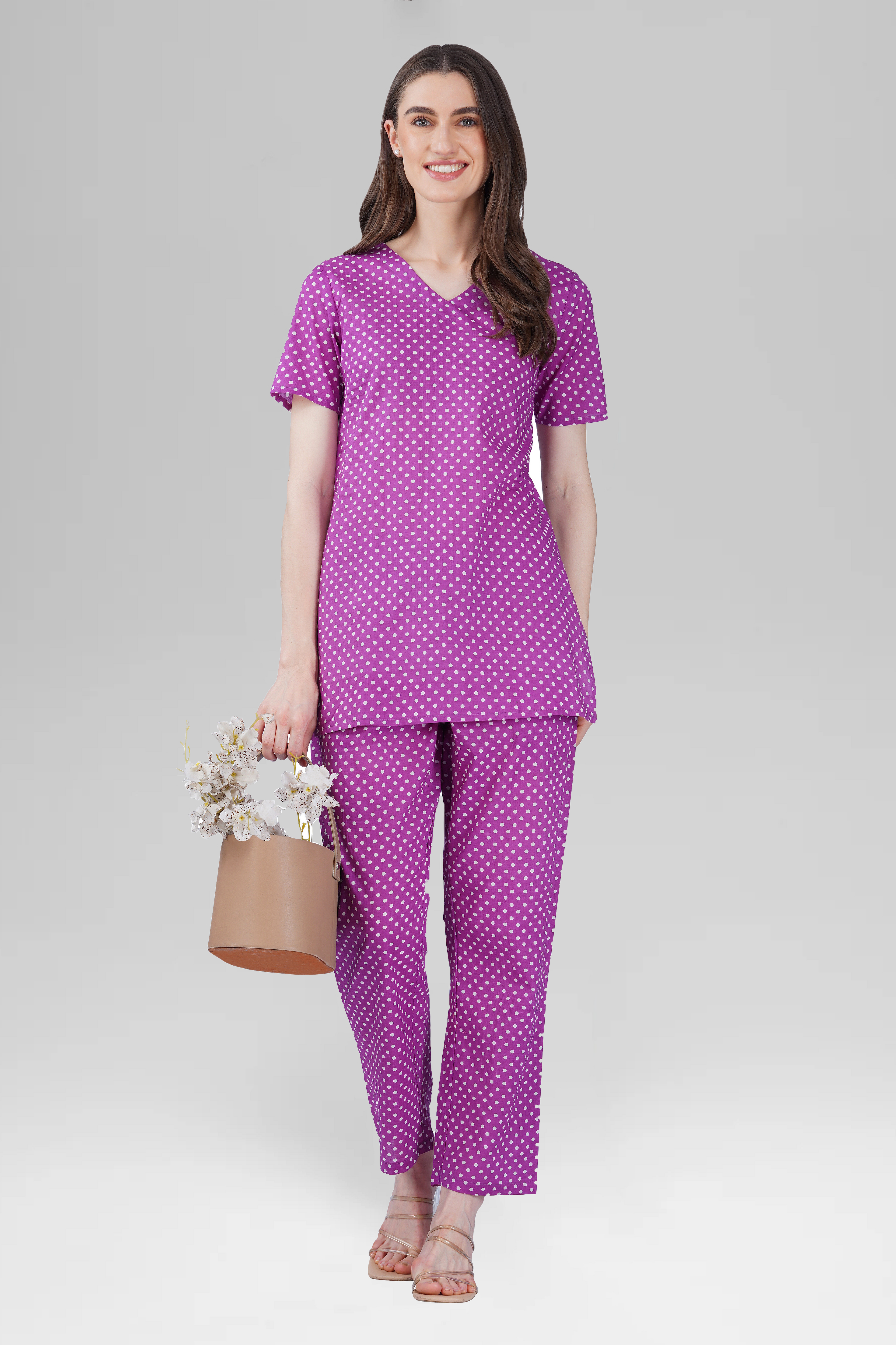 Purple V Neck Cotton Printed Pyjama Set