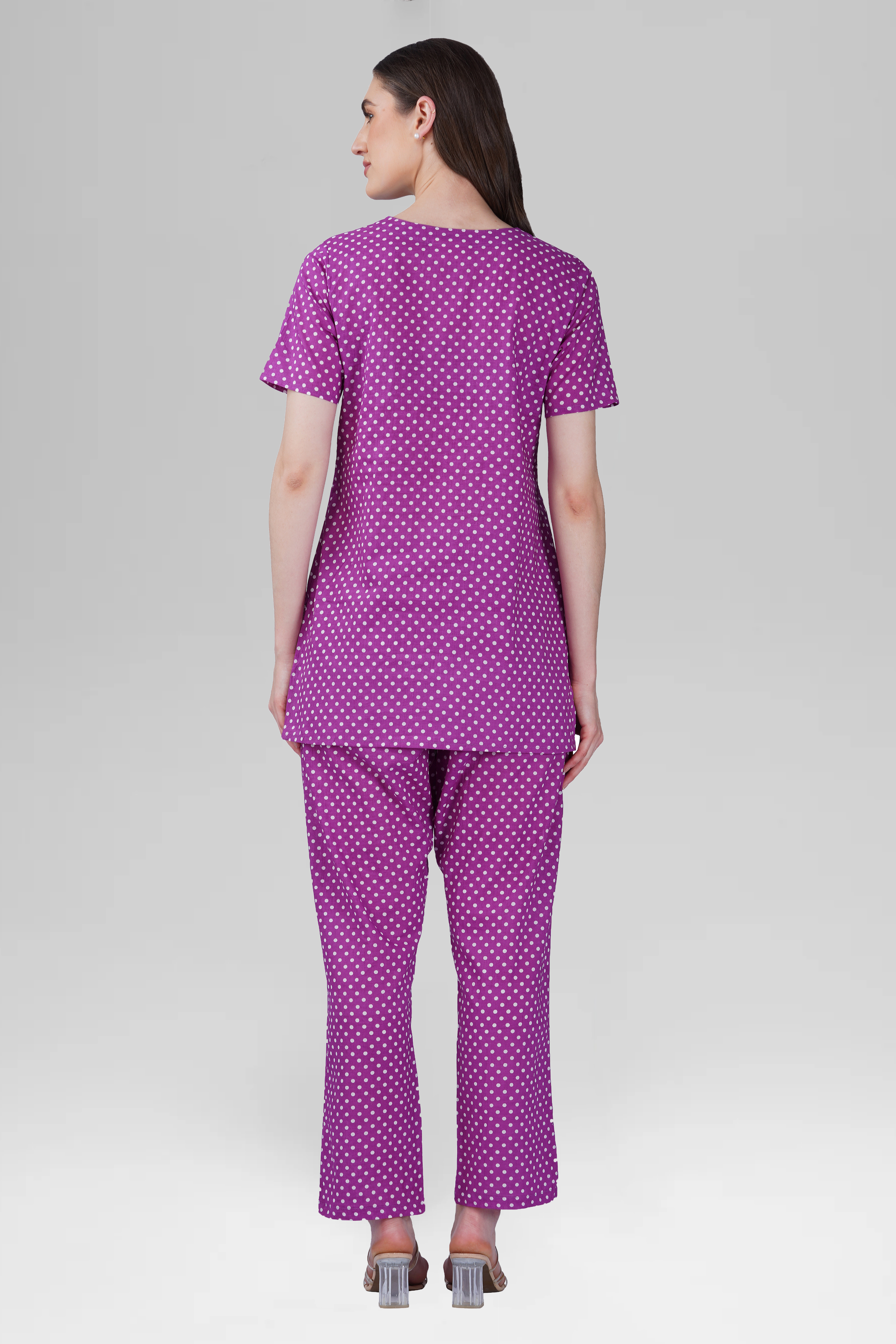 Purple V Neck Cotton Printed Pyjama Set
