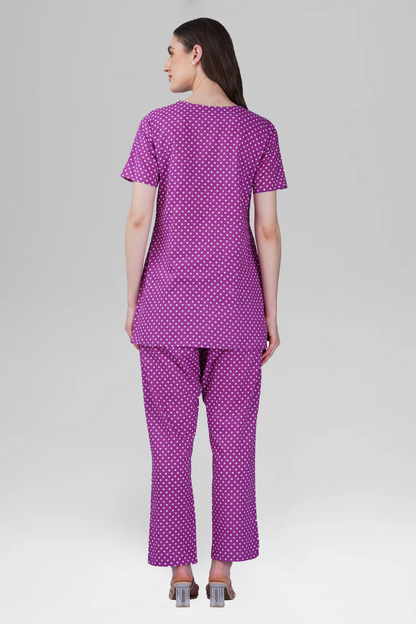 Purple V Neck Cotton Printed Pyjama Set