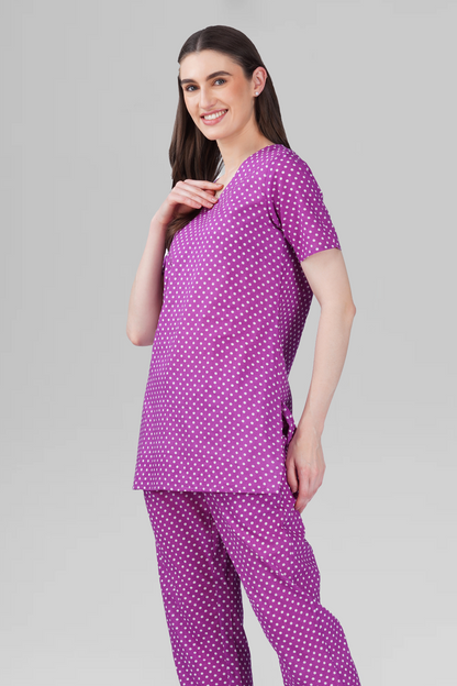 Purple V Neck Cotton Printed Pyjama Set