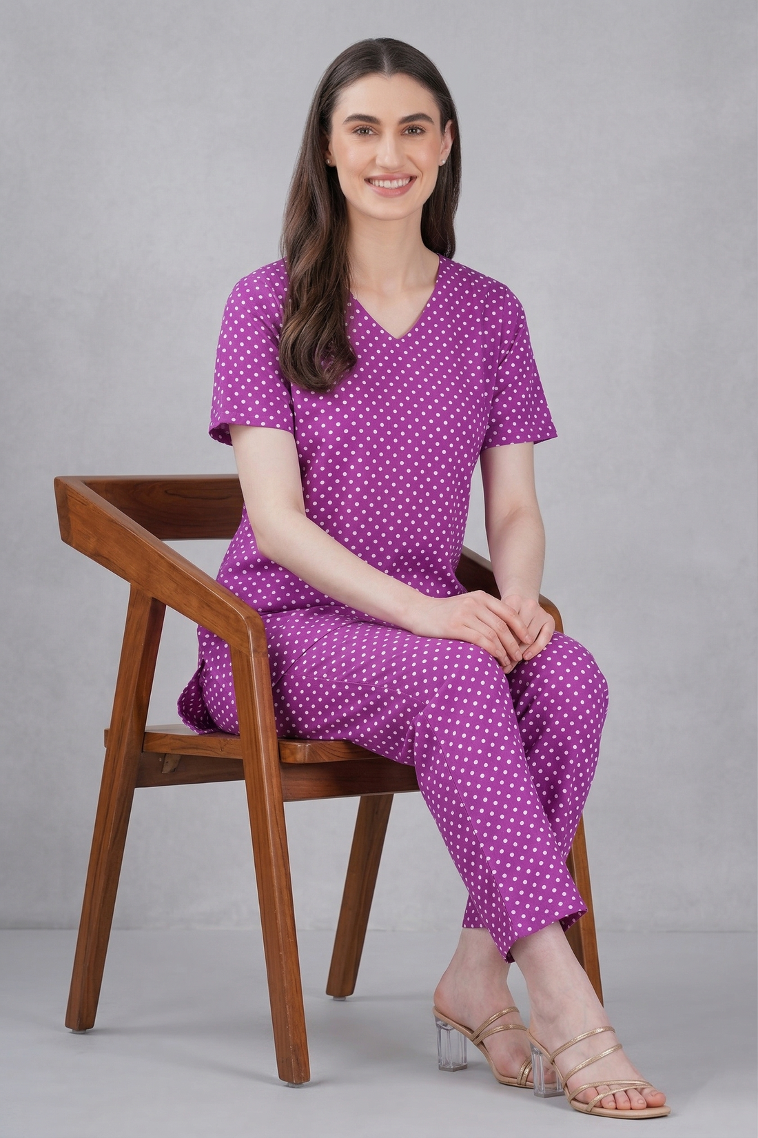 Purple V Neck Cotton Printed Pyjama Set