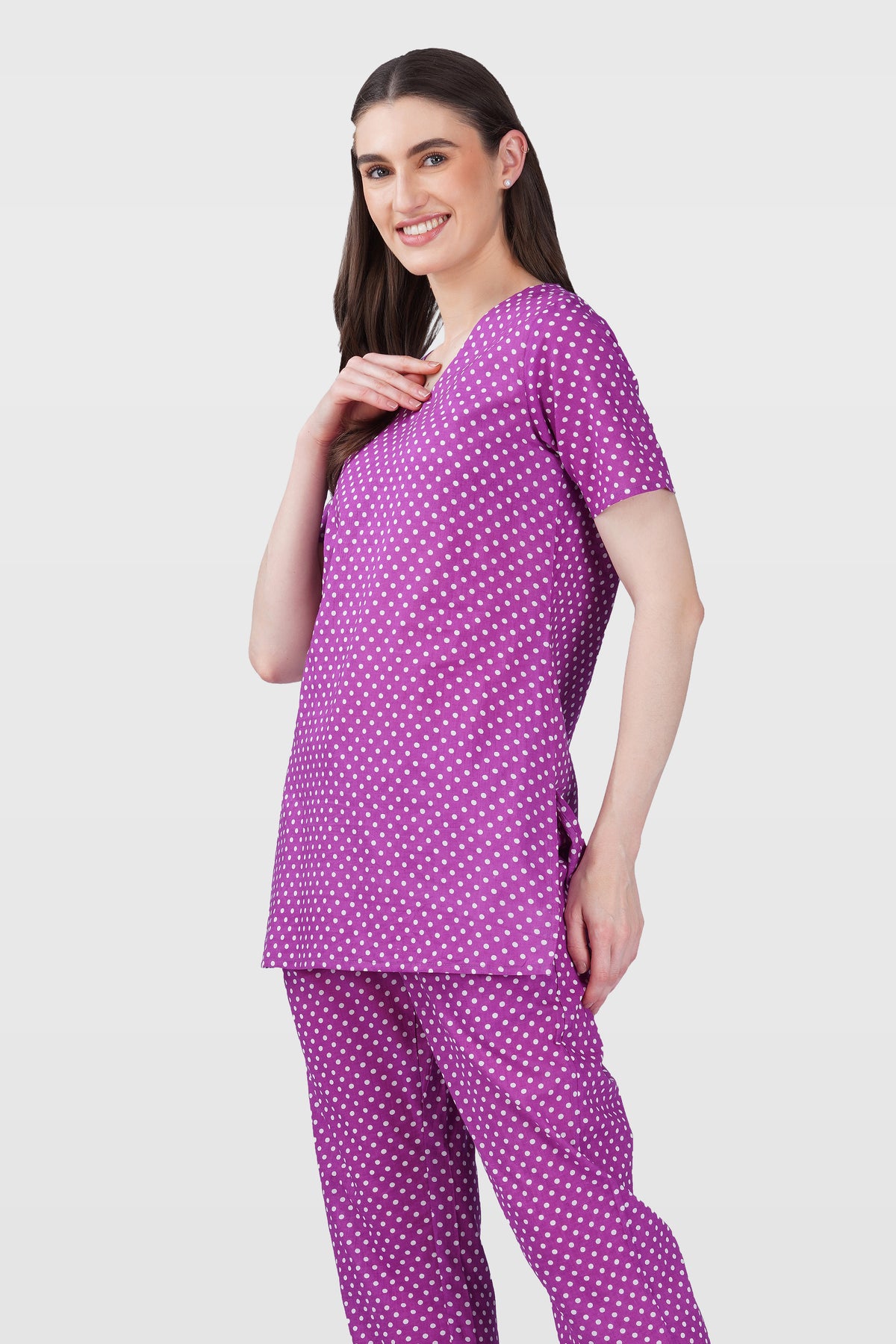 Purple V Neck Cotton Printed Pyjama Set