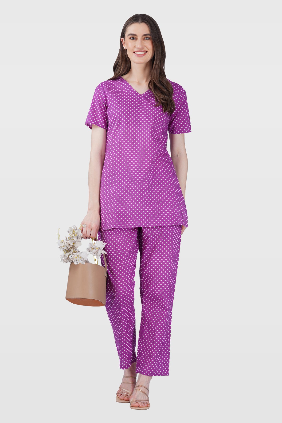 Purple V Neck Cotton Printed Pyjama Set