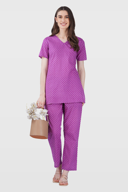 Purple V Neck Cotton Printed Pyjama Set