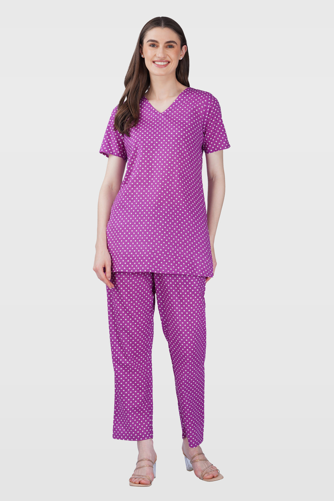 Purple V Neck Cotton Printed Pyjama Set