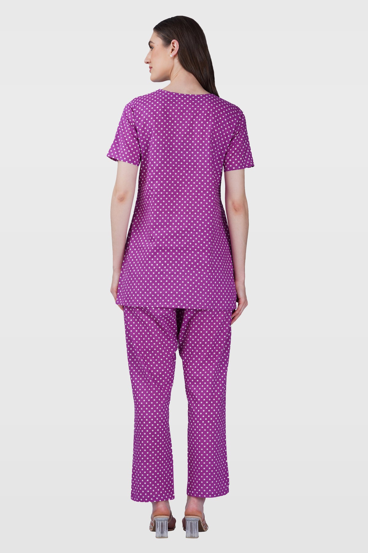 Purple V Neck Cotton Printed Pyjama Set