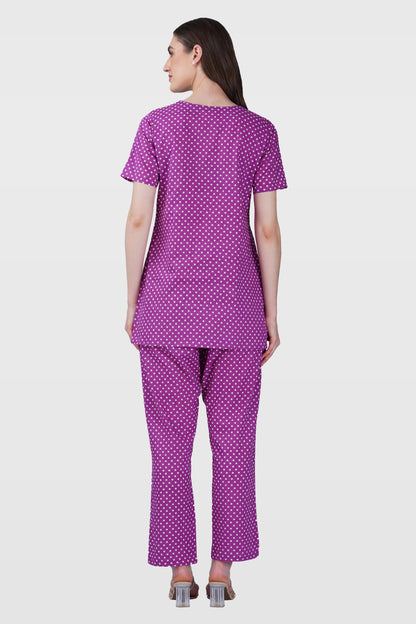 Purple V Neck Cotton Printed Pyjama Set
