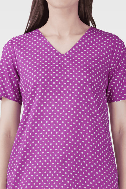 Purple V Neck Cotton Printed Pyjama Set