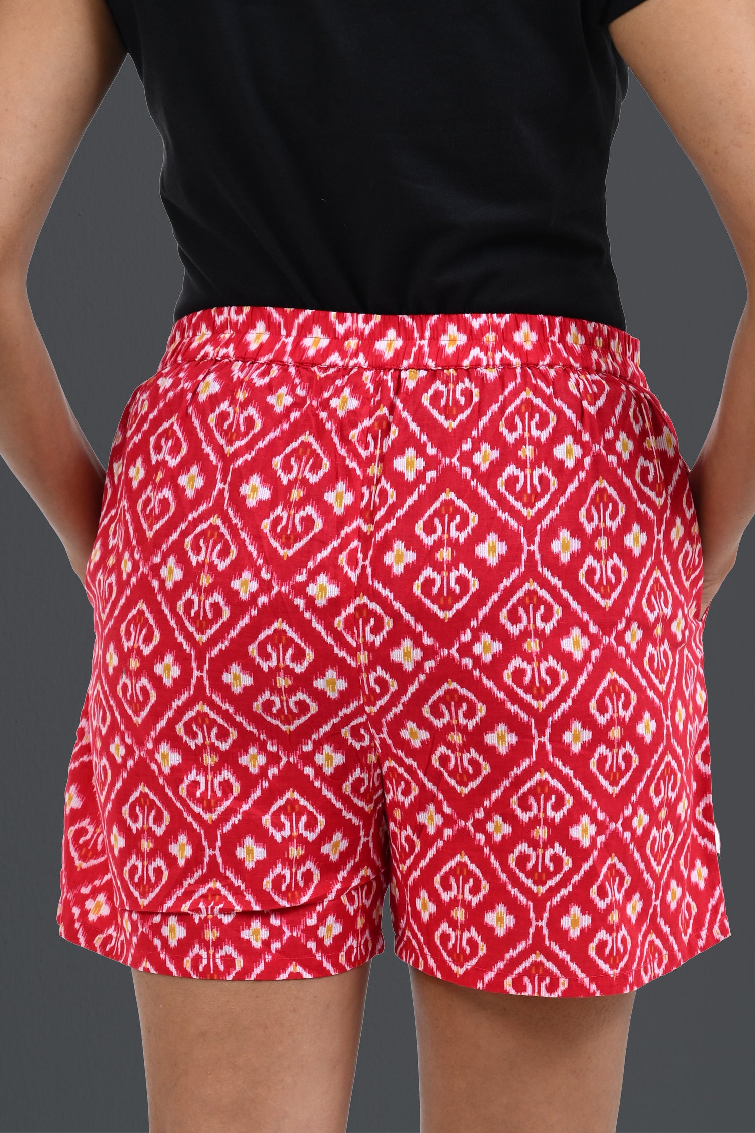 Red Ikat Cotton Printed Shorts