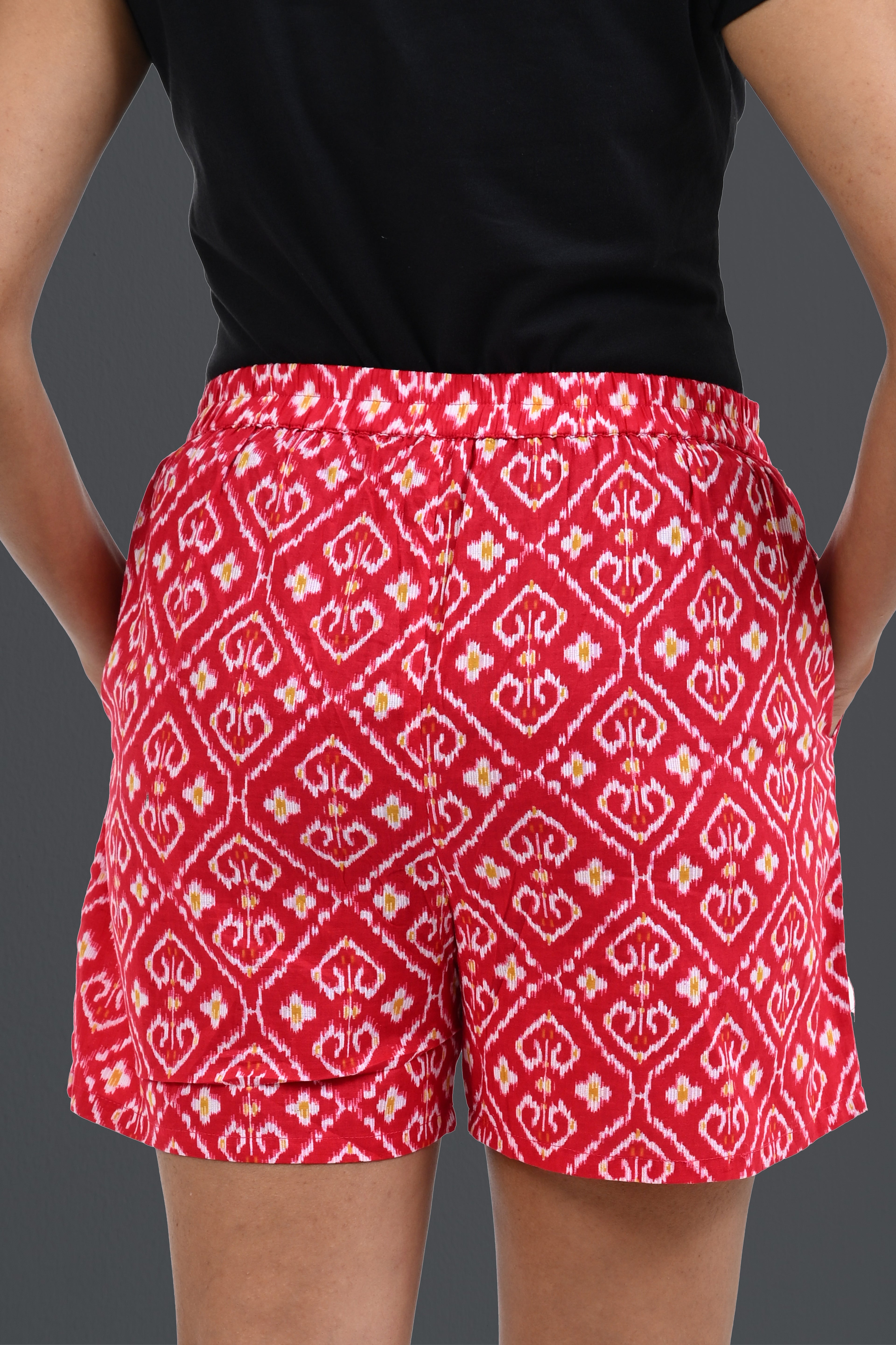 Red Ikat Cotton Printed Shorts