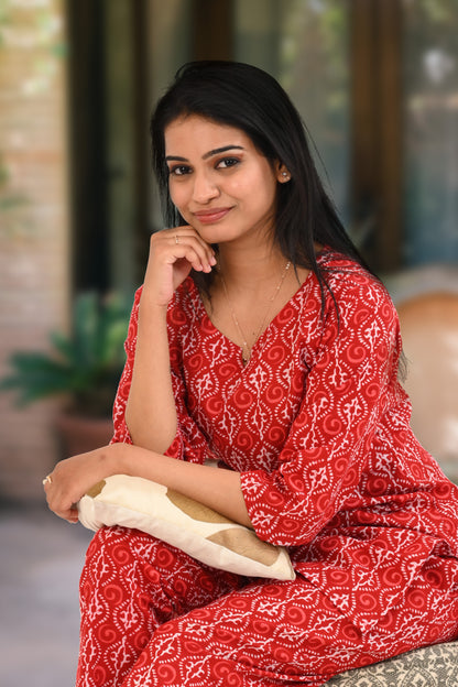 Red Cotton Printed Pyjama Set